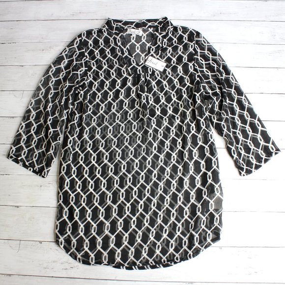 Just Bee Vintage Sheer Tunic Top Blouse Size M Black White Geo 3/4 Sleeve - Picture 1 of 4